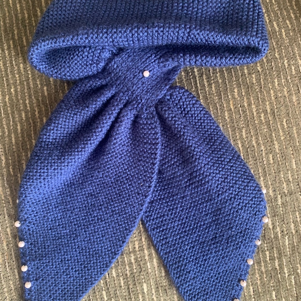 Blue Knit Scarf with Pearl Accents